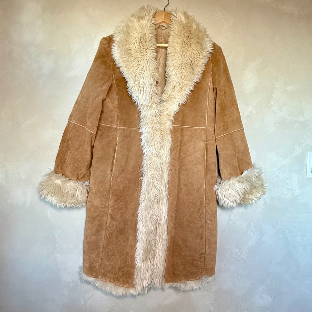 Wilsons, Vintage, Penny Lane, Tan, Shearling, Suede, Knee Length Coat, sz Large